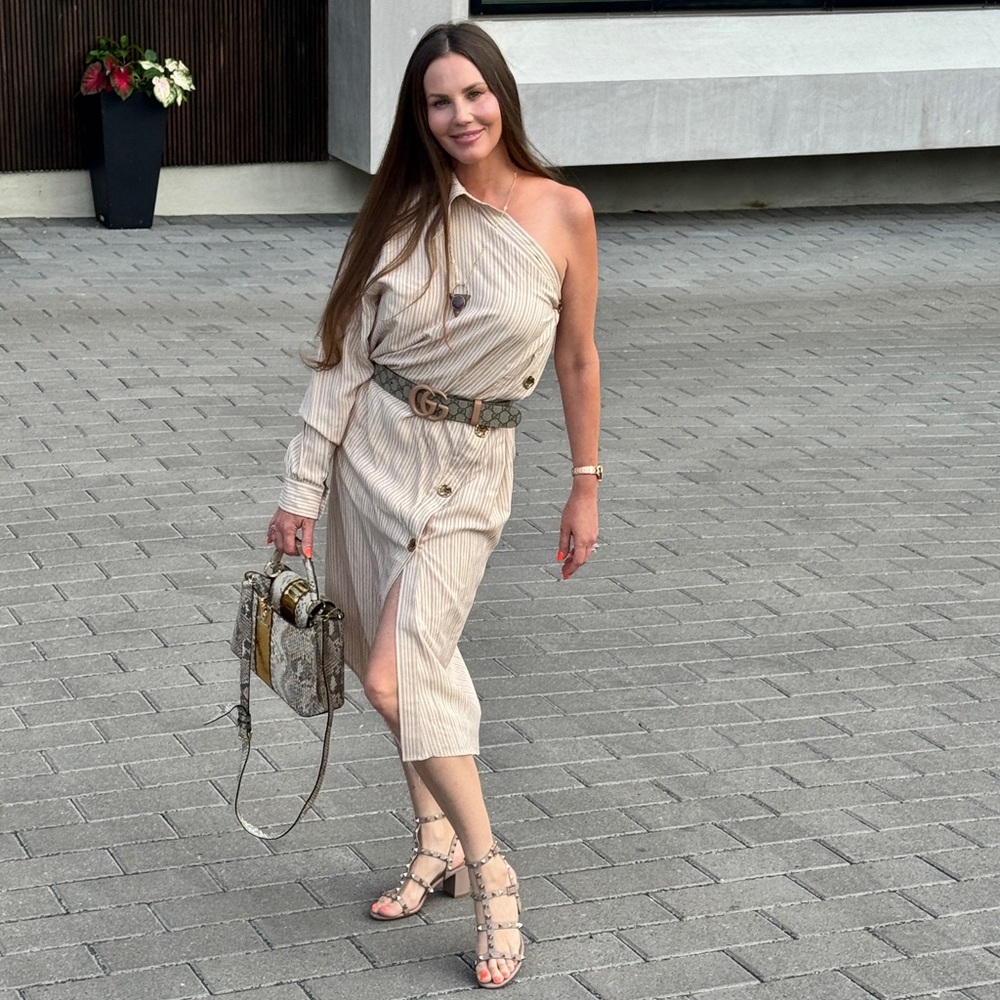 Acne One-Shoulder Beige Button-Trim Midi Dress EUC